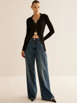 COMMENSE Cardigans|Sweaters & Cardigans^Glossy-Ring  Ribbed Slim Cardigan Black