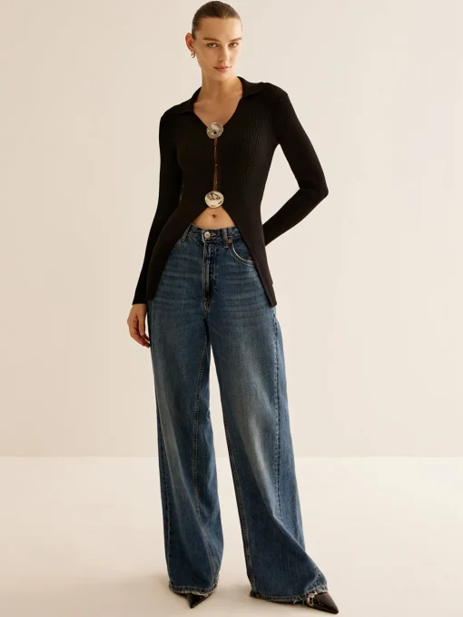 COMMENSE Cardigans|Sweaters & Cardigans^Glossy-Ring  Ribbed Slim Cardigan Black