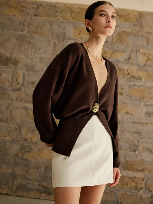 COMMENSE Cardigans|Sweaters & Cardigans^Golden Button Plain Cardigan DarkBrown