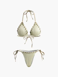 COMMENSE Swimwear|Tops^Grommet Lace-Up Ruched Bikini Set Beige