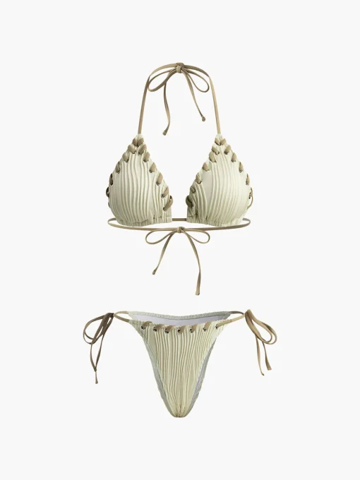 COMMENSE Swimwear|Tops^Grommet Lace-Up Ruched Bikini Set Beige