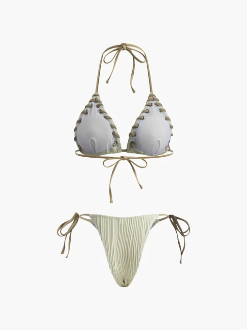 COMMENSE Swimwear|Tops^Grommet Lace-Up Ruched Bikini Set Beige
