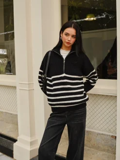 COMMENSE Sweater Tops|Sweaters & Cardigans^Half-Zip Striped Sweater Black