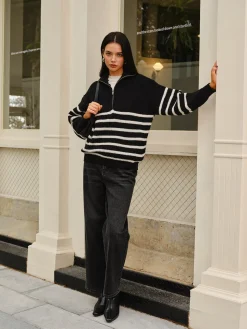 COMMENSE Sweater Tops|Sweaters & Cardigans^Half-Zip Striped Sweater Black