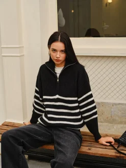 COMMENSE Sweater Tops|Sweaters & Cardigans^Half-Zip Striped Sweater Black