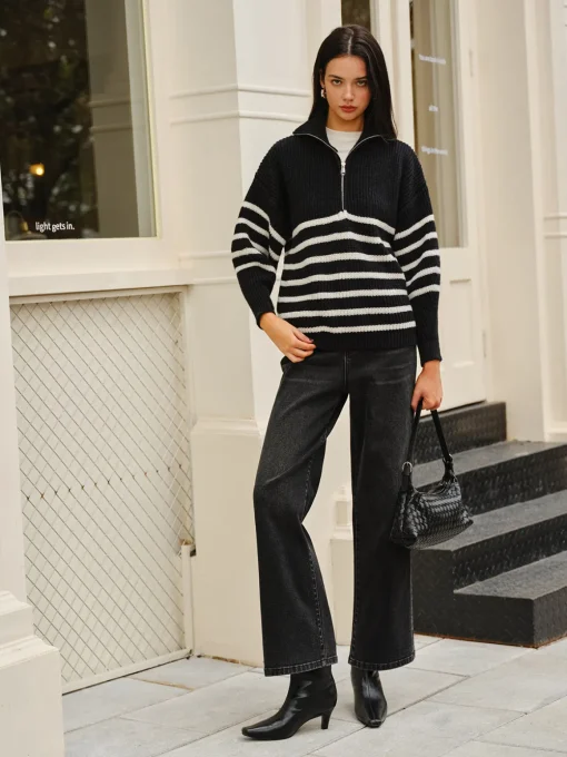 COMMENSE Sweater Tops|Sweaters & Cardigans^Half-Zip Striped Sweater Black