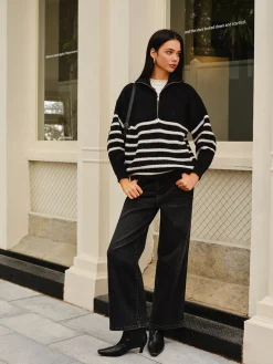 COMMENSE Sweater Tops|Sweaters & Cardigans^Half-Zip Striped Sweater Black