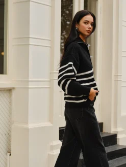 COMMENSE Sweater Tops|Sweaters & Cardigans^Half-Zip Striped Sweater Black