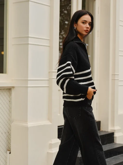 COMMENSE Sweater Tops|Sweaters & Cardigans^Half-Zip Striped Sweater Black