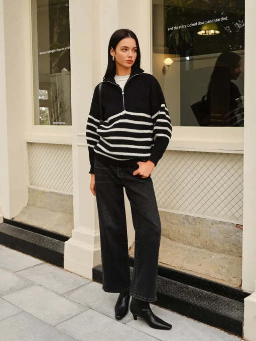 COMMENSE Sweater Tops|Sweaters & Cardigans^Half-Zip Striped Sweater Black