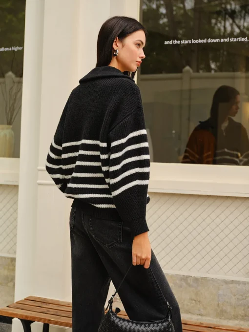 COMMENSE Sweater Tops|Sweaters & Cardigans^Half-Zip Striped Sweater Black
