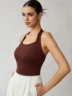 COMMENSE Tank Tops & Camis|Tops^Halter Backless Tank Top DarkBrown