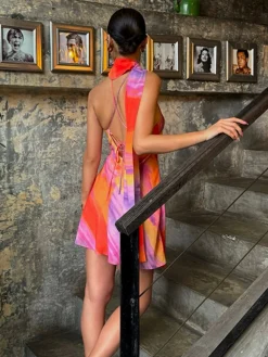 COMMENSE Casual Dresses|Cocktail & Party Dresses^Halter Backless Tie Dye Short Dress Multicolor