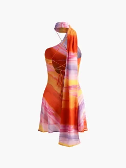 COMMENSE Casual Dresses|Cocktail & Party Dresses^Halter Backless Tie Dye Short Dress Multicolor