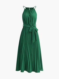 COMMENSE Vacation Dresses|Summer Dresses^Halter Belted Pleated Midi Dress Green