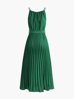 COMMENSE Vacation Dresses|Summer Dresses^Halter Belted Pleated Midi Dress Green