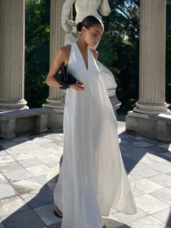 COMMENSE Dresses^Halter V-Neck Sleeveless Long Dress White