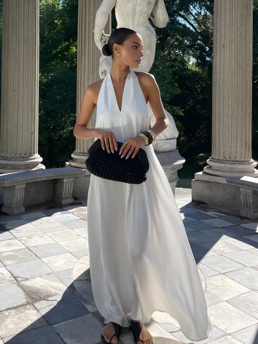 COMMENSE Dresses^Halter V-Neck Sleeveless Long Dress White