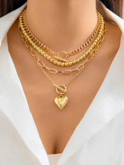 COMMENSE Necklaces|Accessories^Heart Pendant Multi Chain Necklace Gold