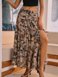 COMMENSE Skirts|Bottoms^Herbal Harmony Plant Print Split Maxi Skirt DarkBrown