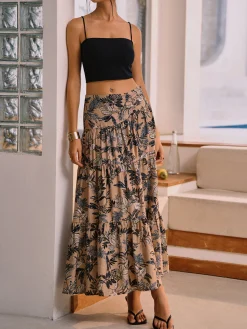 COMMENSE Skirts|Bottoms^Herbal Harmony Plant Print Split Maxi Skirt DarkBrown