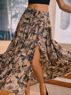 COMMENSE Skirts|Bottoms^Herbal Harmony Plant Print Split Maxi Skirt DarkBrown