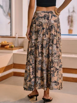 COMMENSE Skirts|Bottoms^Herbal Harmony Plant Print Split Maxi Skirt DarkBrown