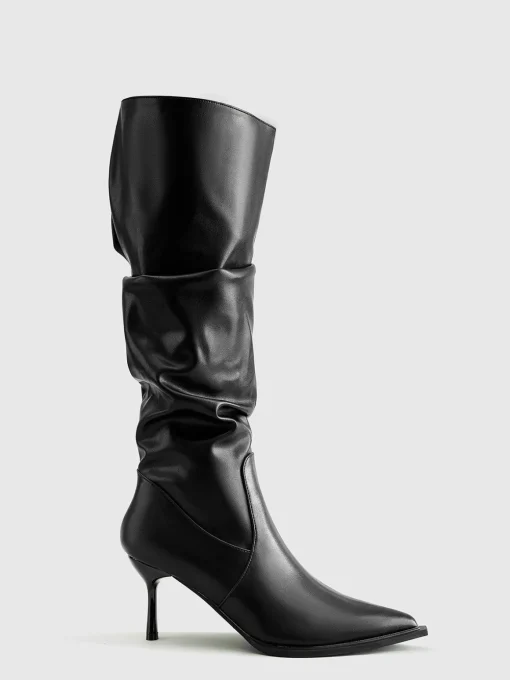 COMMENSE Shoes|Accessories^High Heel Ruched Knee-High Boots Black