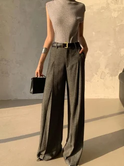 COMMENSE Pants|Bottoms^High Waist Pleated Pants Without Belt Grey