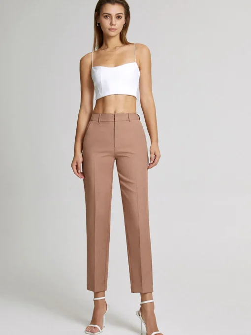 COMMENSE Pants|Bottoms^High Waisted Cropped Skinny Straight Leg Trousers LightBrown
