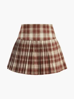 COMMENSE Skirts|Bottoms^High-Waist Checked Pleated Skirt Red
