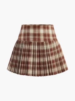 COMMENSE Skirts|Bottoms^High-Waist Checked Pleated Skirt Red