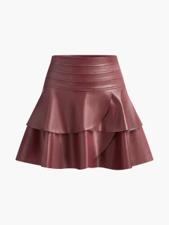 COMMENSE Skirts|Bottoms^High-Waist Corset Ruffle Skirt Burgundy