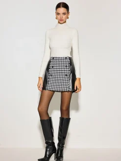 COMMENSE Bottoms^High-Waist Houndstooth Panel Faux Leather Skirt BlackandWhite