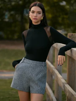 COMMENSE Matching Sets|Bottoms^High-Waist Houndstooth Tweed Shorts Black