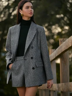 COMMENSE Matching Sets|Bottoms^High-Waist Houndstooth Tweed Shorts Black