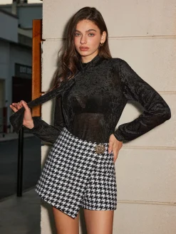 COMMENSE Shorts|Bottoms^High-Waist Metal-Button Houndstooth Shorts Black