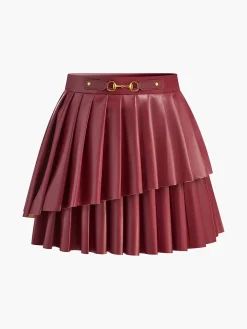 COMMENSE Bottoms^High-Waist Metal-Detail Asymmetrical Pleated Skirt Burgundy