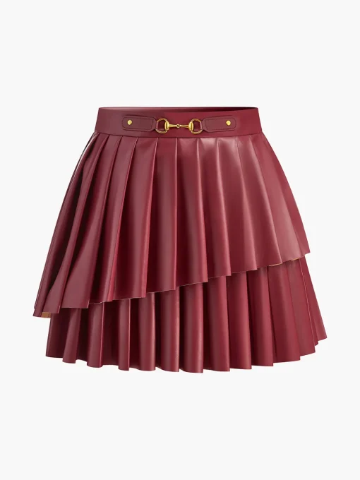 COMMENSE Bottoms^High-Waist Metal-Detail Asymmetrical Pleated Skirt Burgundy