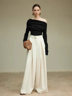 COMMENSE Pants|Bottoms^High-Waist Pleated Wide-Leg Pants Off-White