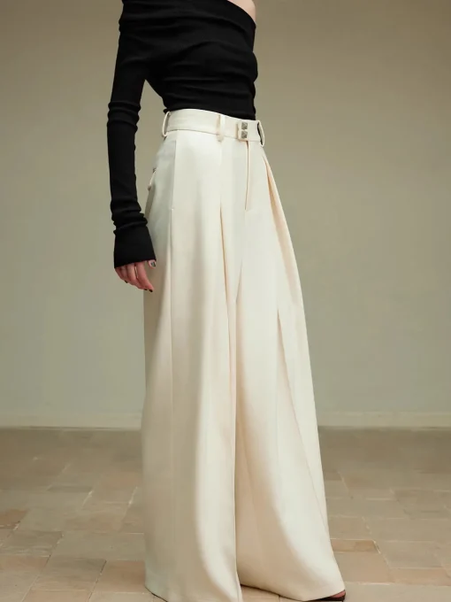 COMMENSE Pants|Bottoms^High-Waist Pleated Wide-Leg Pants Off-White
