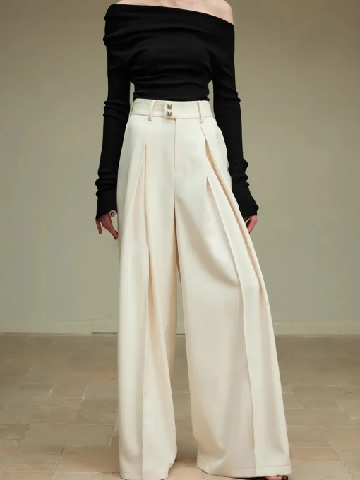COMMENSE Pants|Bottoms^High-Waist Pleated Wide-Leg Pants Off-White