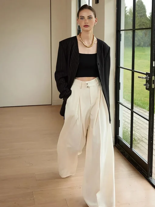COMMENSE Pants|Bottoms^High-Waist Pleated Wide-Leg Pants Off-White