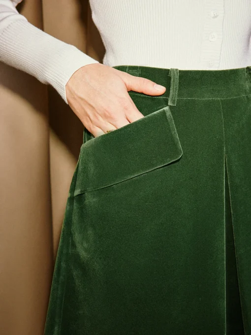COMMENSE Bottoms^High-Waist Pockets Velvet Mini Skirt Green