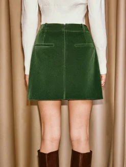 COMMENSE Bottoms^High-Waist Pockets Velvet Mini Skirt Green