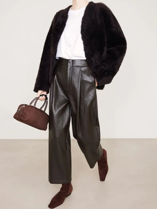 COMMENSE Pants^High-Waist PU Leather Pants DarkBrown
