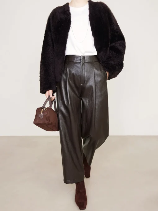 COMMENSE Pants^High-Waist PU Leather Pants DarkBrown
