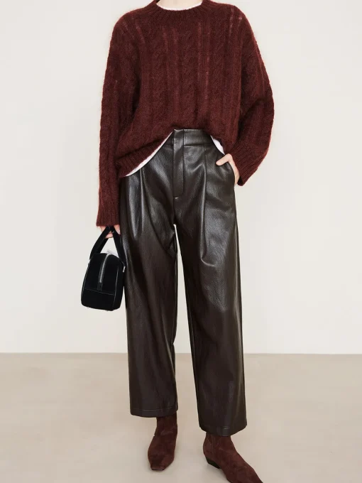 COMMENSE Pants^High-Waist PU Leather Pants DarkBrown