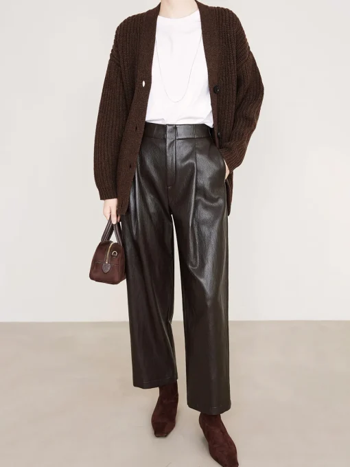 COMMENSE Pants^High-Waist PU Leather Pants DarkBrown