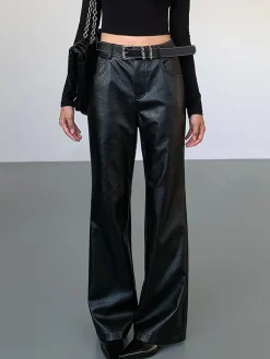 COMMENSE Pants^High-Waist PU Leather Pants Without Belt Black